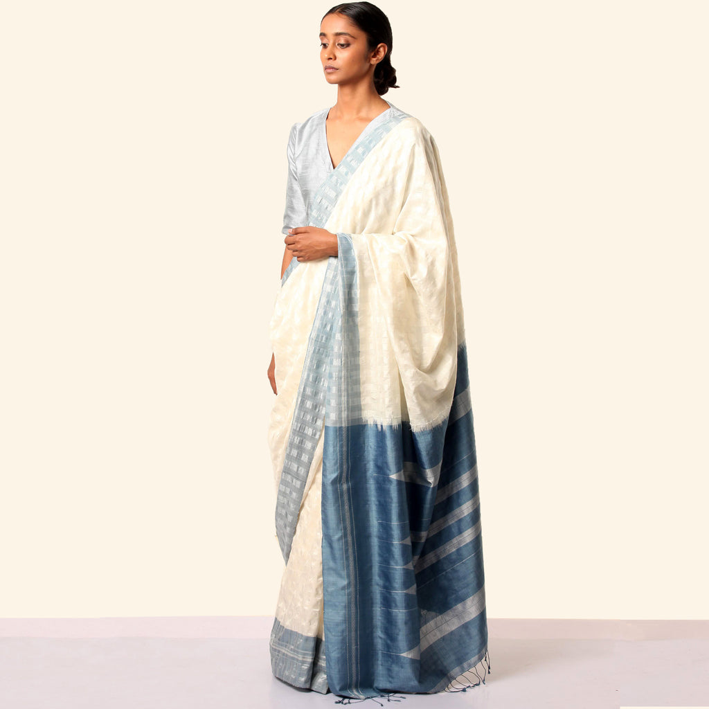 Shanta Ilkal Cotton-Silk Sari: Checkered White with Indigo Border