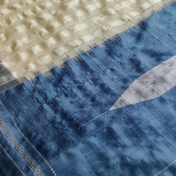 Shanta Ilkal Cotton-Silk Sari: Checkered White with Indigo Border