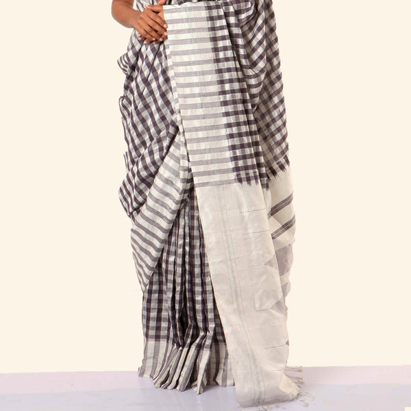 Shanta Ilkal Cotton-Silk Sari: Checkered Black and White