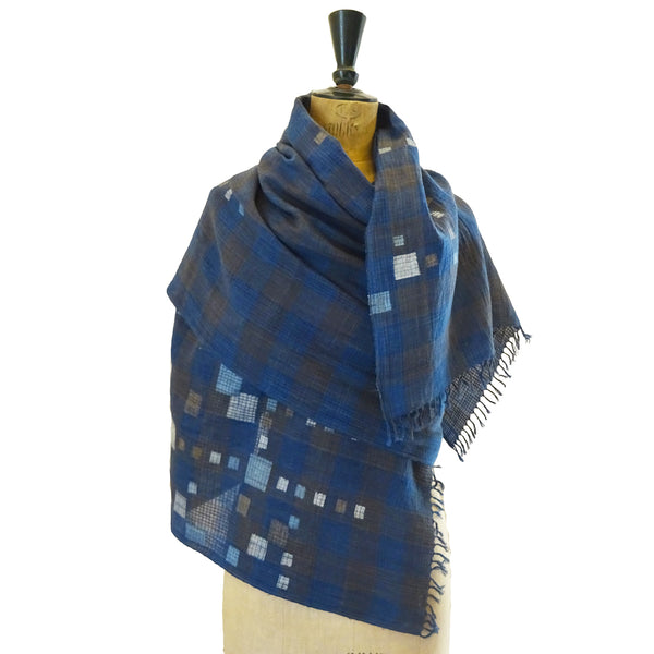 Checkered Indigo Handwoven Jamdani Stole: Gamcha VIII