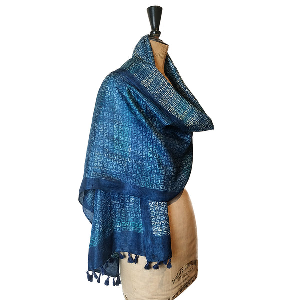 Modernist Grids: Hand Printed Tussah Silk Stole: Blue