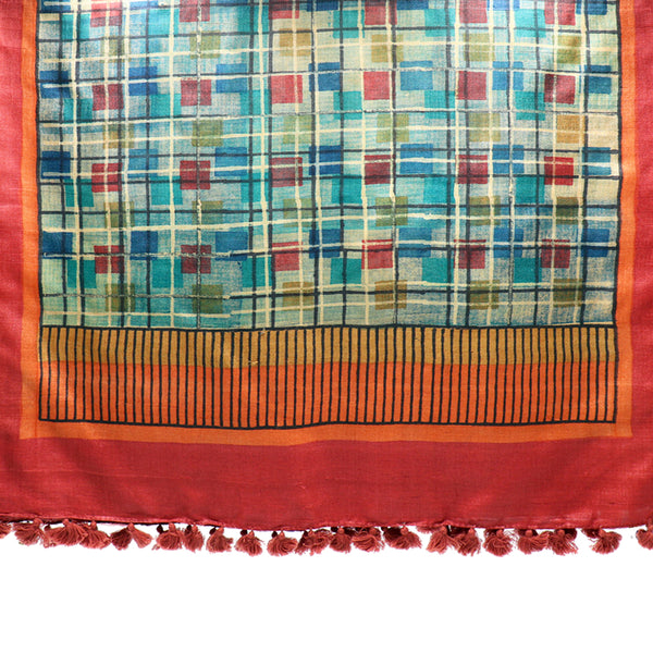 Modernist Grids: Hand Printed Tussah Silk Stole: Multicolour