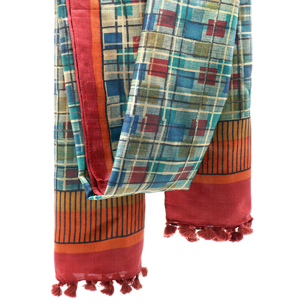 Modernist Grids: Hand Printed Tussah Silk Stole: Multicolour