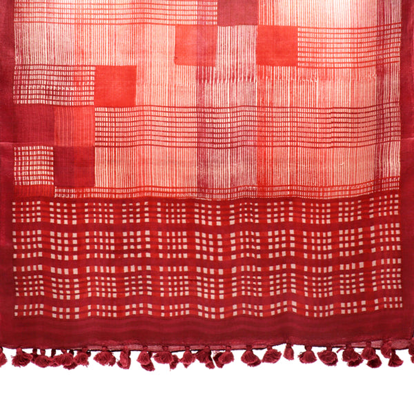 Modernist Grids: Hand Printed Tussah Silk Stole: Pink and Red