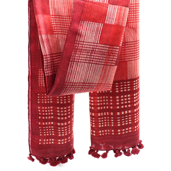 Modernist Grids: Hand Printed Tussah Silk Stole: Pink and Red