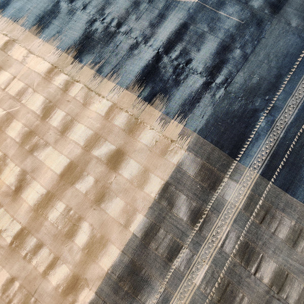 Shanta Ilkal Cotton-Silk Sari: Checkered White, Indigo Border, Grey Pallu