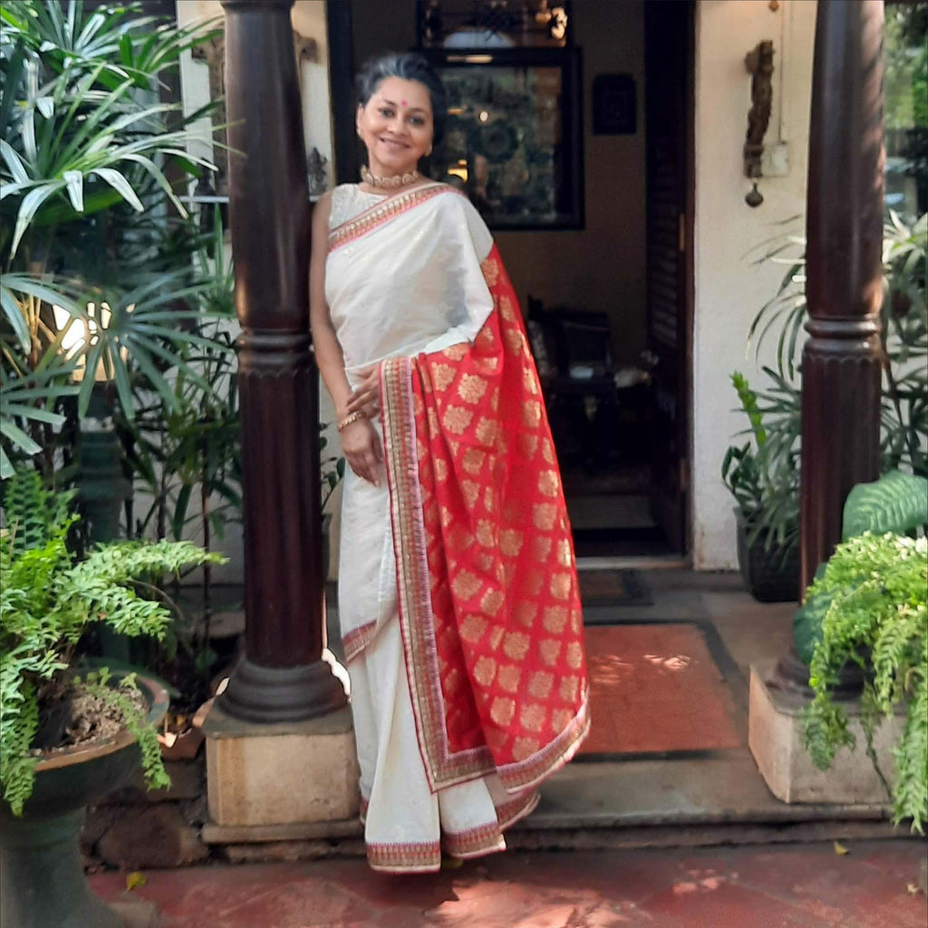 Upcycled Chanderi and Brocade Cotton-Silk Sari: Cream and Red