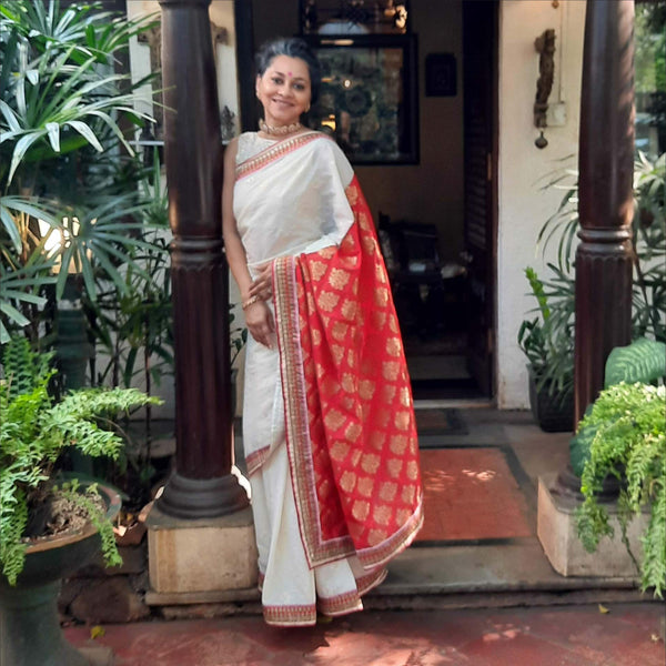 Upcycled Chanderi and Brocade Cotton-Silk Sari: Cream and Red