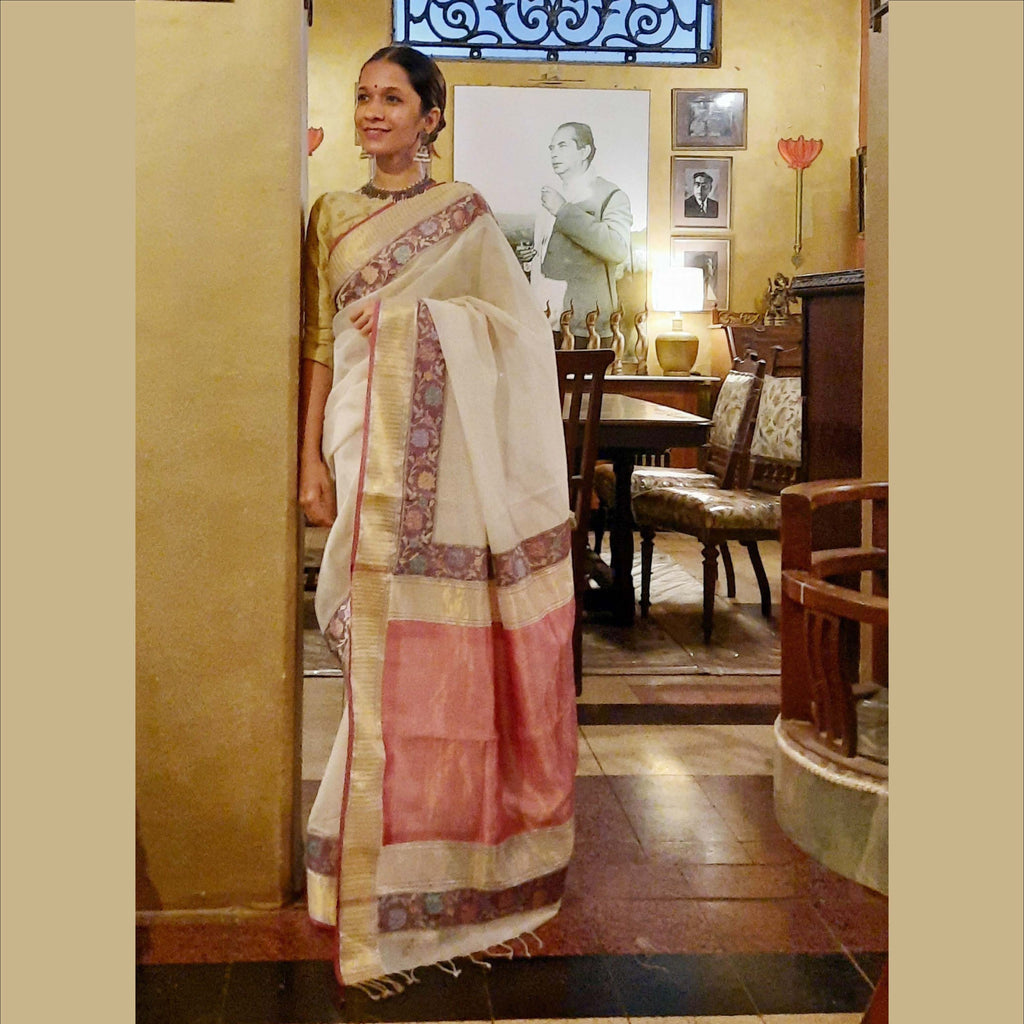 Upcycled Cotton-Silk Chanderi Sari: Cream