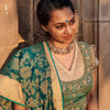 Khari' Printed Cotton-Silk Sari: Aquamarine and Gold