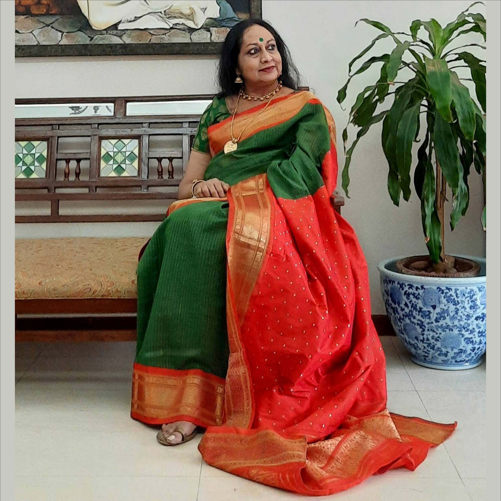 Upcycled Cotton Gadwal Sari: Green and Orange