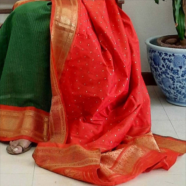 Upcycled Cotton Gadwal Sari: Green and Orange