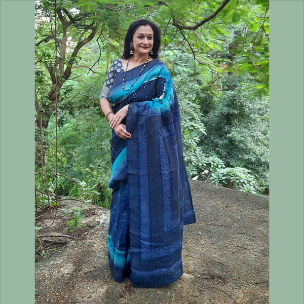 Upcycled Cotton Ikat Sari: Navy Blue