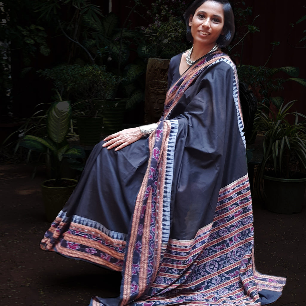 Upcycled Ikat Cotton Mull Sari: Black