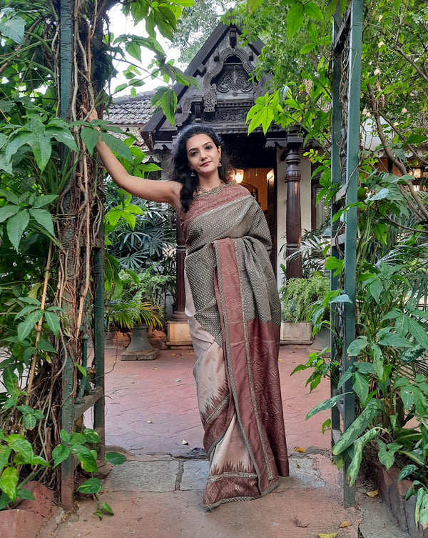 Upcycled Ikat Silk Sari: Green and Brown