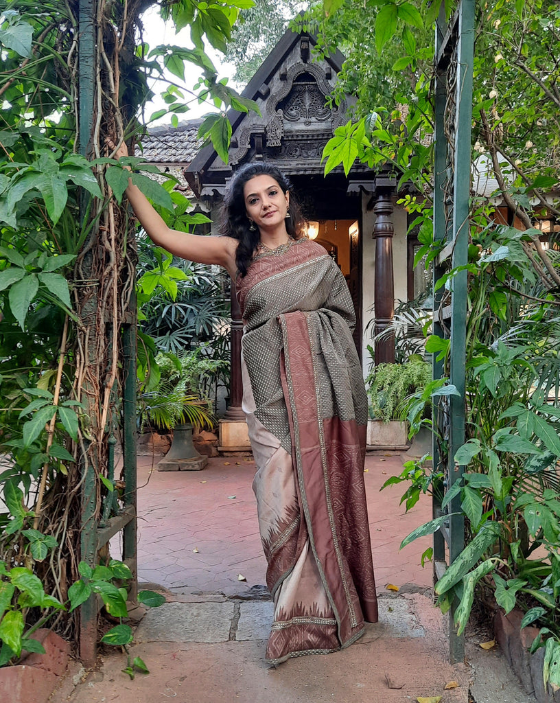 Upcycled Ikat Silk Sari: Green and Brown
