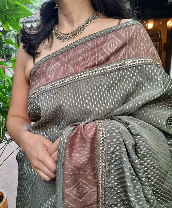 Upcycled Ikat Silk Sari: Green and Brown