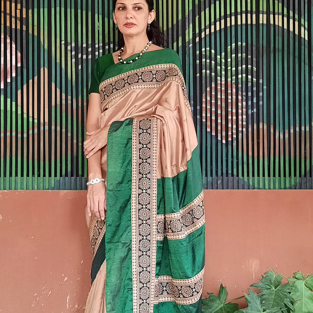Upcycled Kanjivaram Silk Sari: Green and Cream