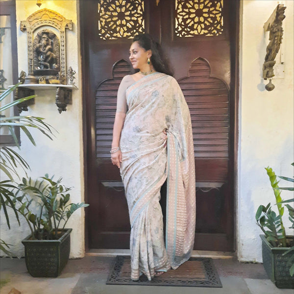 Upcycled Printed Nysa Silk Sari: Cream