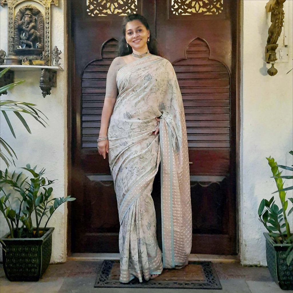 Upcycled Printed Nysa Silk Sari: Cream