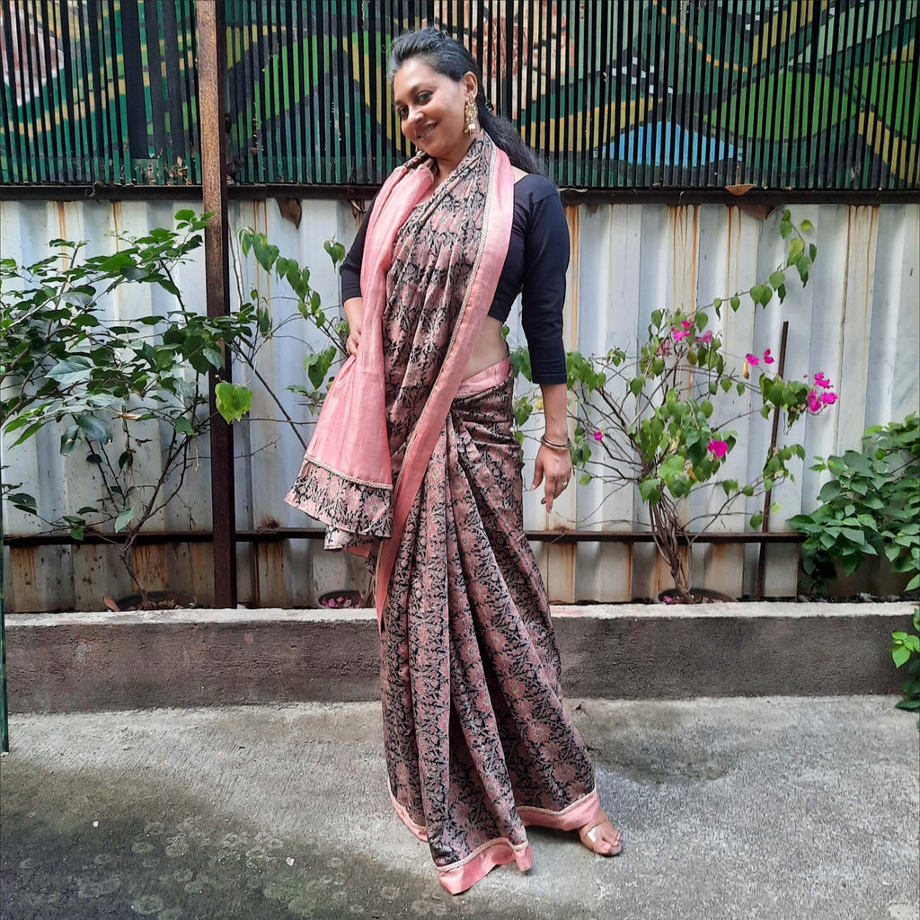 Upcycled Printed Nysa Silk Sari: Grey and Pink