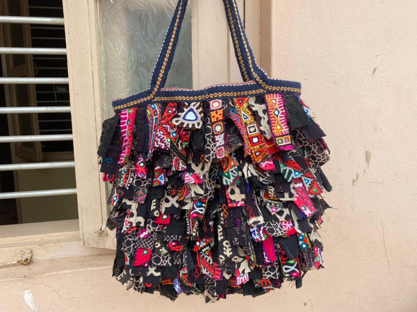 Upcycled Shaggy Rag Bag Tote: Black and Red