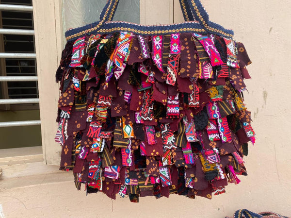 Upcycled Shaggy Rag Bag Tote: Maroon and Pink