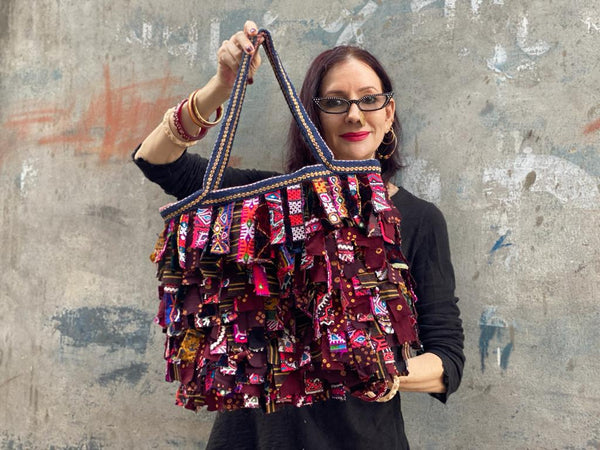 Upcycled Shaggy Rag Bag Tote: Maroon and Pink