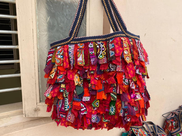 Upcycled Shaggy Rag Bag Tote: Red